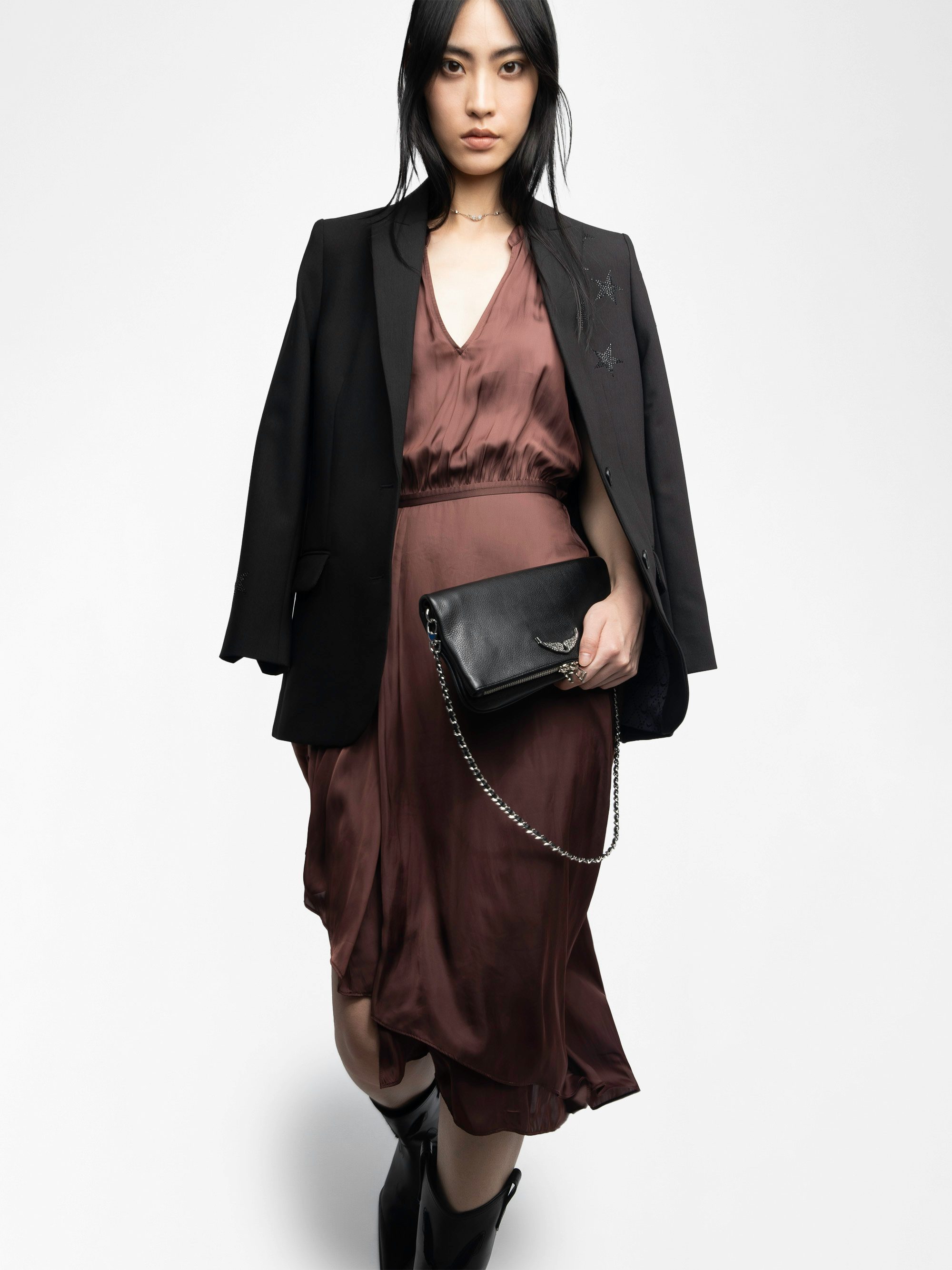 Randall Satin Dress - Mid-length satin dress with raglan short sleeves and asymmetric ruffled panel skirt.